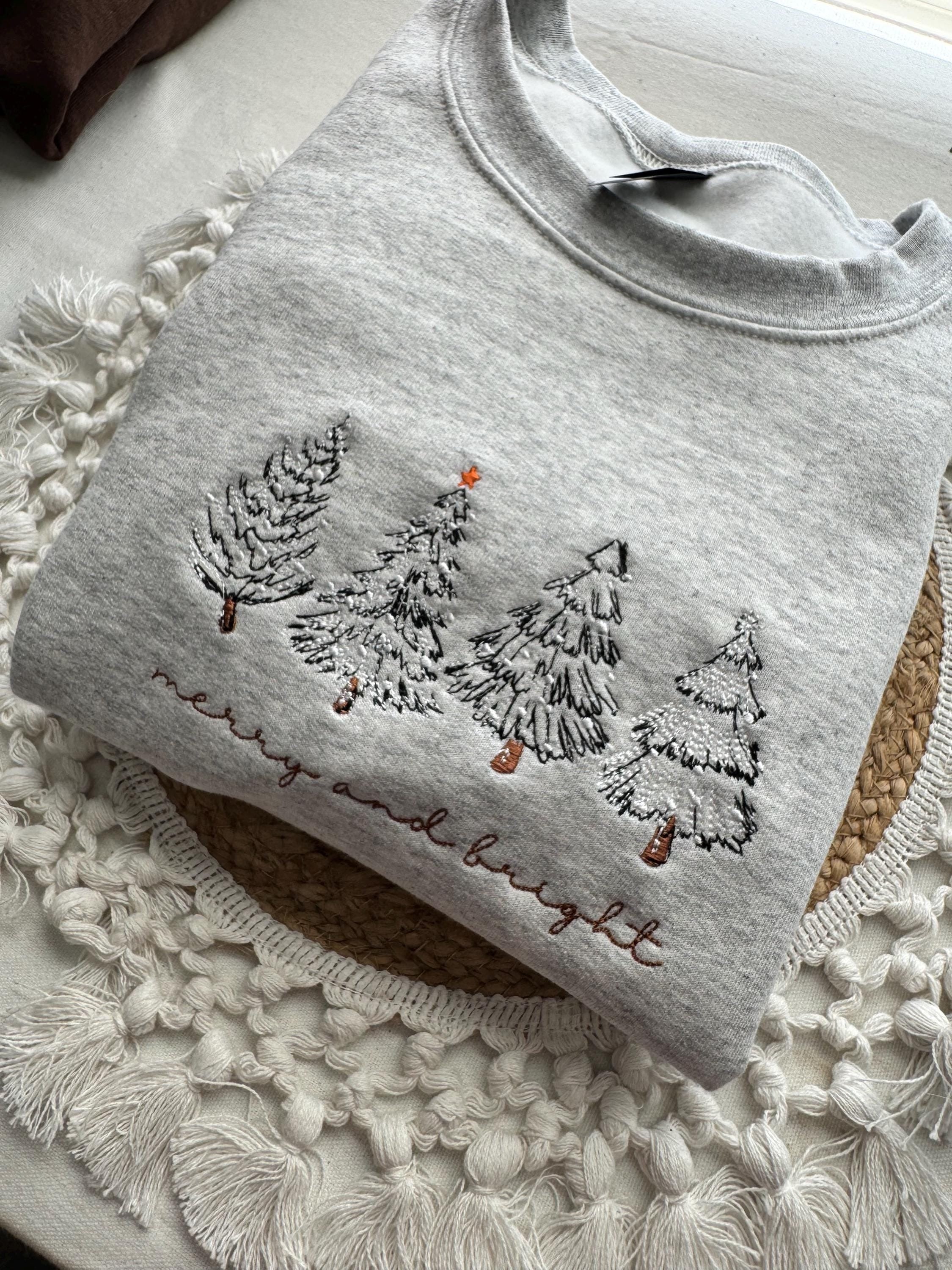 Merry and Bright Embroidered Sweatshirt, Minimal Christmas Tree Sweater, Cozy Holiday Crewneck, Winter Outfit, Xmas Gift EBAC59