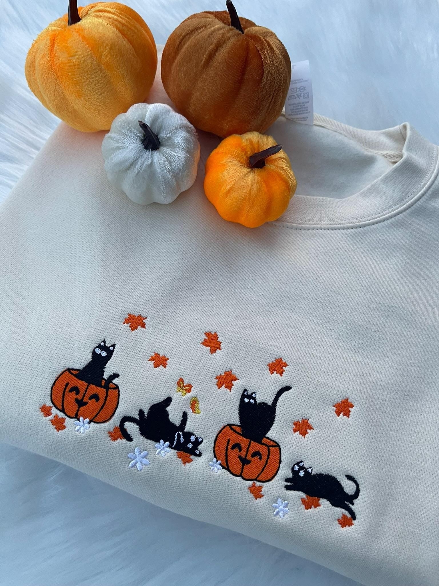Halloween Black Cat Embroidery Sweatshirt, Pumpkin Fall Sweater, Halloween Crewneck, Cute Autumn Spooky Season, Halloween Gifts, Cat Lover Gift EBAC12