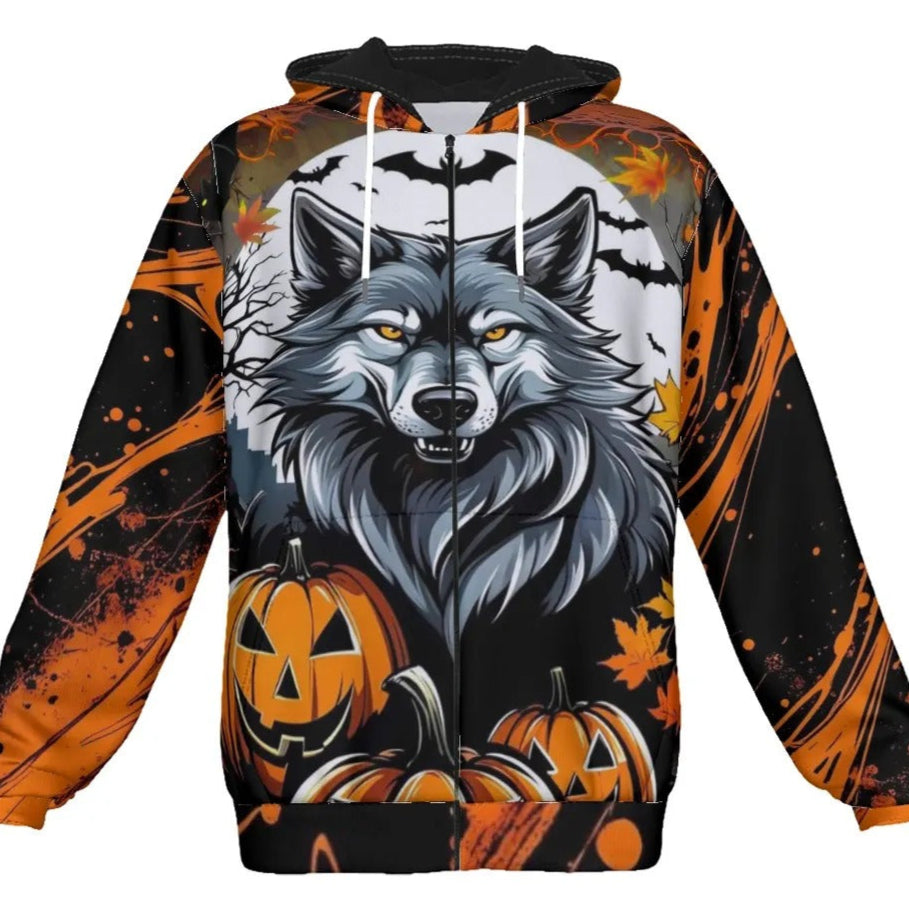 Howling Halloween Night Wolf Zip Hoodie, Spooky Pumpkin Bat Jacket, Gothic Halloween Outerwear, Autumn Wolf Fashion