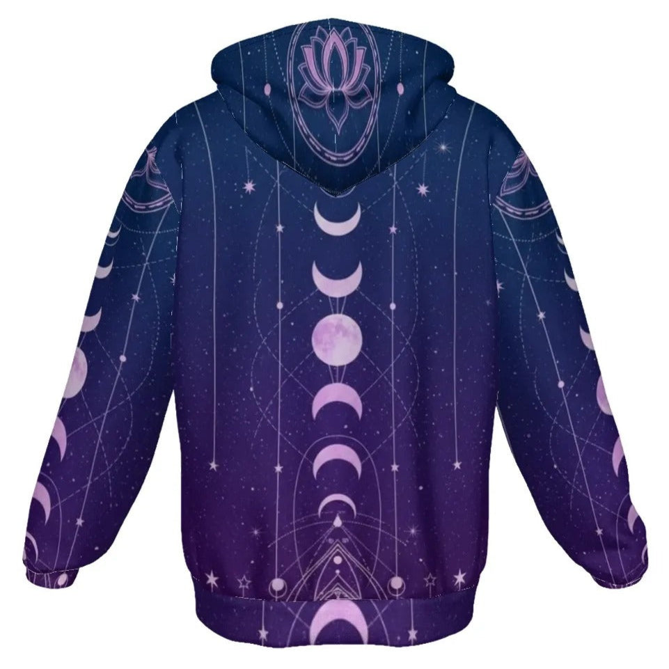 Mystic Lunar Mandala Zip Hoodie, Moon Phase Spiritual Jacket, Celestial Lotus Hooded Sweatshirt, Sacred Geometry Cosmic Zip-Up, Boho Mystic Style