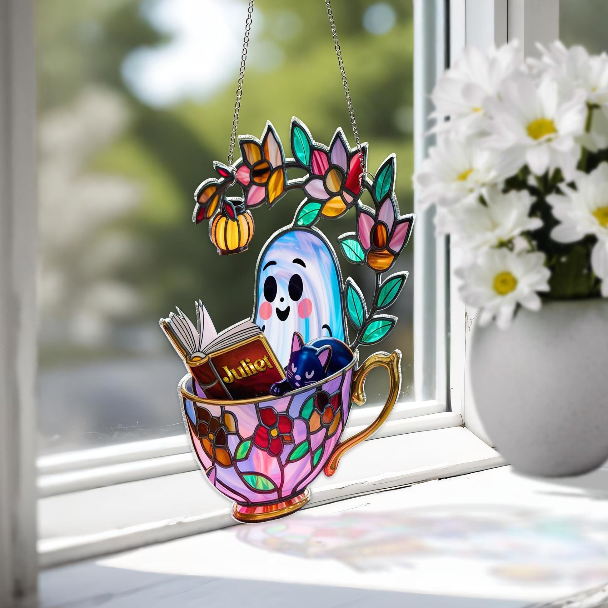 Personalized Ghost Reading Book Stained Glass Suncatcher, Reading Ghost in Teacup Faux Stained Glass Suncatcher,Reading Gift,Book Lover Gift