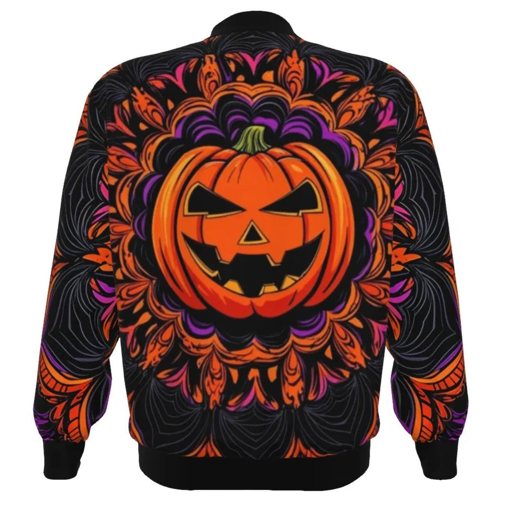 Pumpkin Mandala Magic Bomber Jacket, Halloween Costume Ideas, Halloween Jack-o’-Lantern Gothic Trench Coat, Spooky Mandala Art Streetwear, Fall Fashion