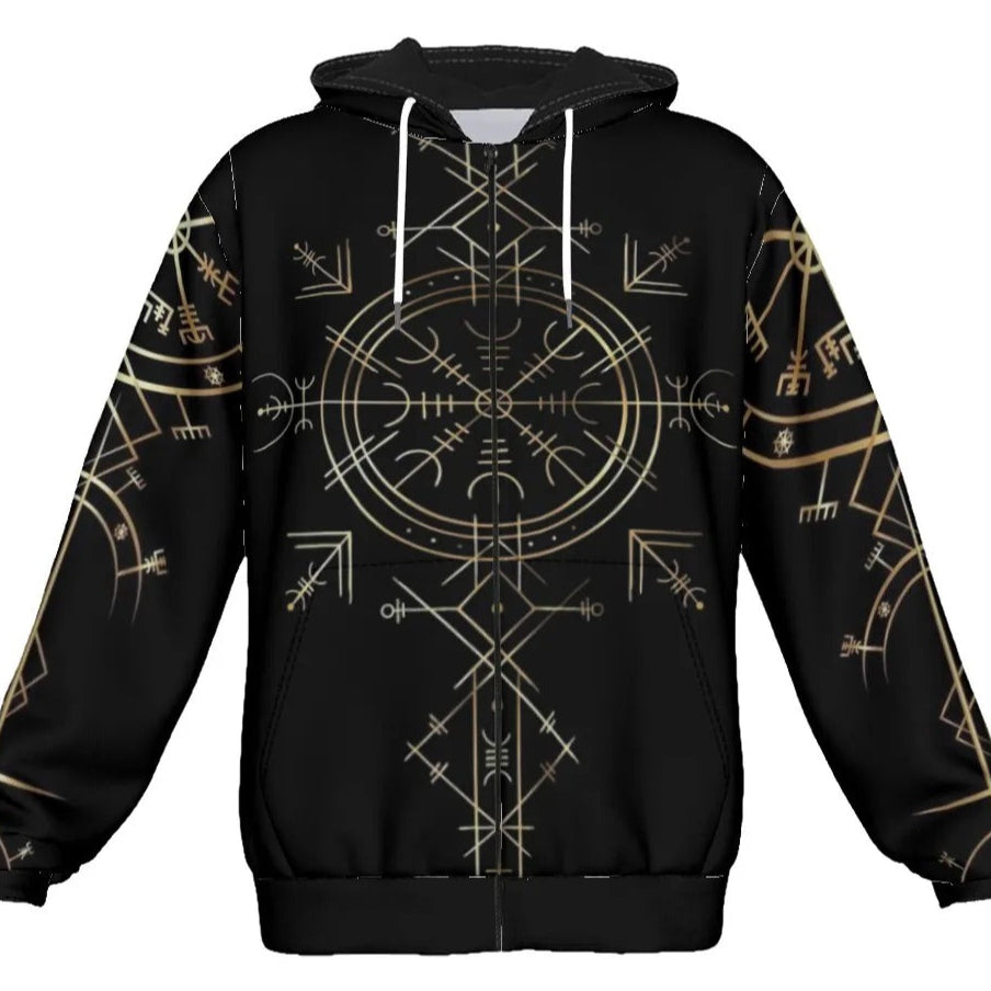 Viking Vegvisir Mysticism Zip Hoodie, Norse Rune Viking Jacket, Nordic Compass Hooded Top, Viking Sacred Geometry Apparel