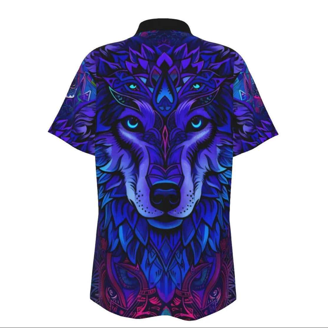 Women’s Wolf Mandala Polo Shirt, Tribal Spirit Animal Top with Blue Violet Geometric Design for Bold & Mystical Souls