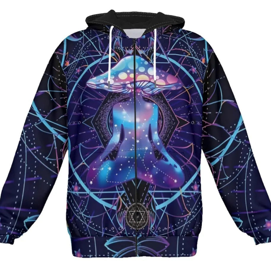 Mystic Mushroom Awakening Zip Hoodie, Psychedelic Spiritual Jacket, Cosmic Mushroom Hooded Sweatshirt, Visionary Art Festival Wear, Boho Mystic Style