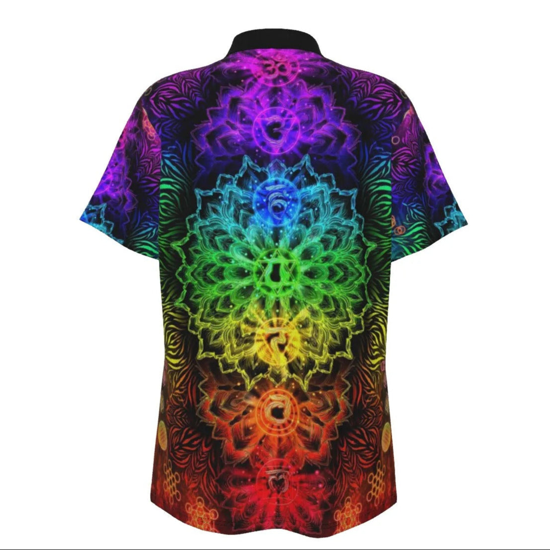 Women’s Sacred Chakras Polo Shirt, Rainbow Energy Design with Spiritual Symbols for Healing, Yoga & Meditation Style