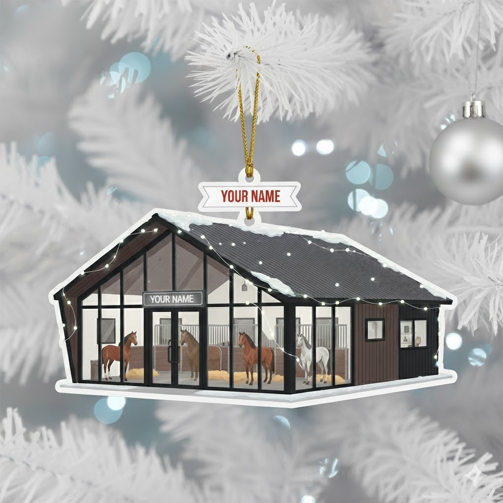 Personalized Horse Stable Ornament, Custom Name Flat 2D Christmas Decoration, Gift for Horse Lovers & Riders