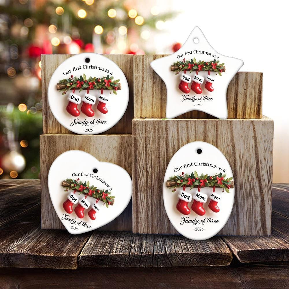 Personalized Family of Three Ceramic Christmas Ornament 2025, Custom New Family Ornament, Baby's First Christmas Ornament
