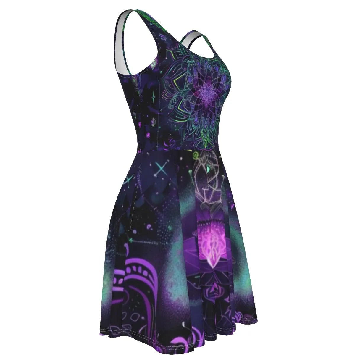 Women’s Mystic Aesthetic Dress, Psychedelic Print, Festival Dress, Boho Style, Vibrant Colors, Sleeveless Dress, Summer Fashion
