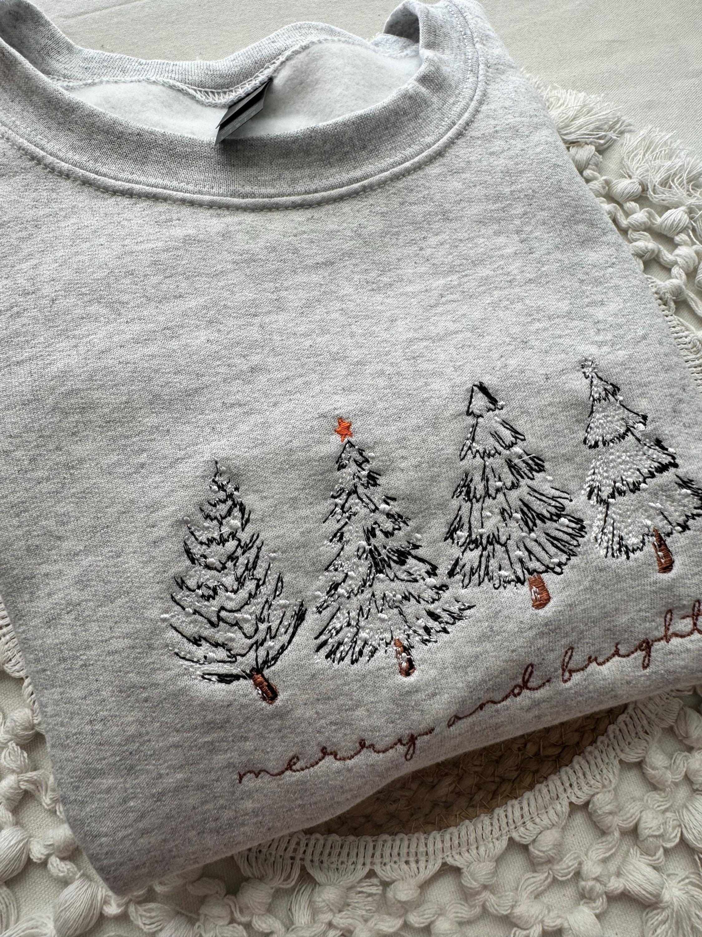 Merry and Bright Embroidered Sweatshirt, Minimal Christmas Tree Sweater, Cozy Holiday Crewneck, Winter Outfit, Xmas Gift EBAC59