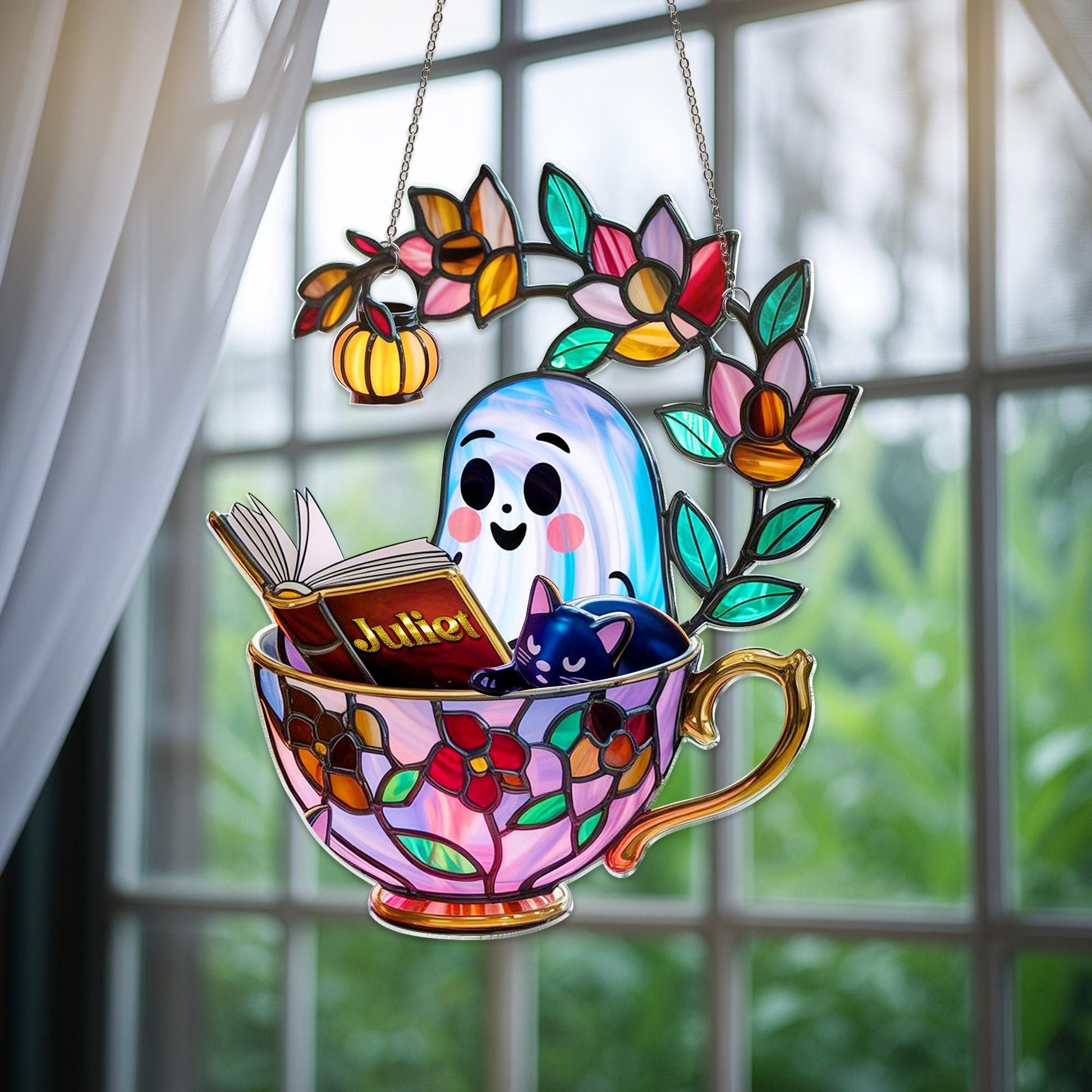 Personalized Ghost Reading Book Stained Glass Suncatcher, Reading Ghost in Teacup Faux Stained Glass Suncatcher,Reading Gift,Book Lover Gift