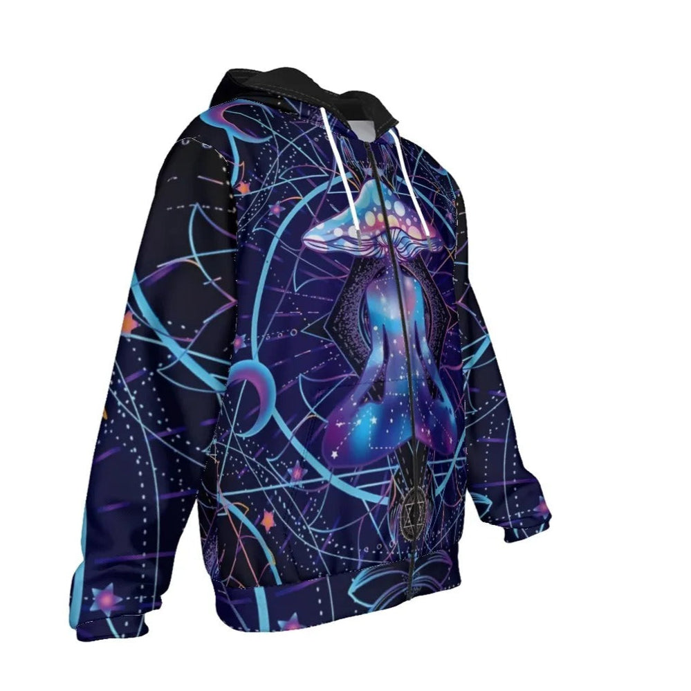 Mystic Mushroom Awakening Zip Hoodie, Psychedelic Spiritual Jacket, Cosmic Mushroom Hooded Sweatshirt, Visionary Art Festival Wear, Boho Mystic Style