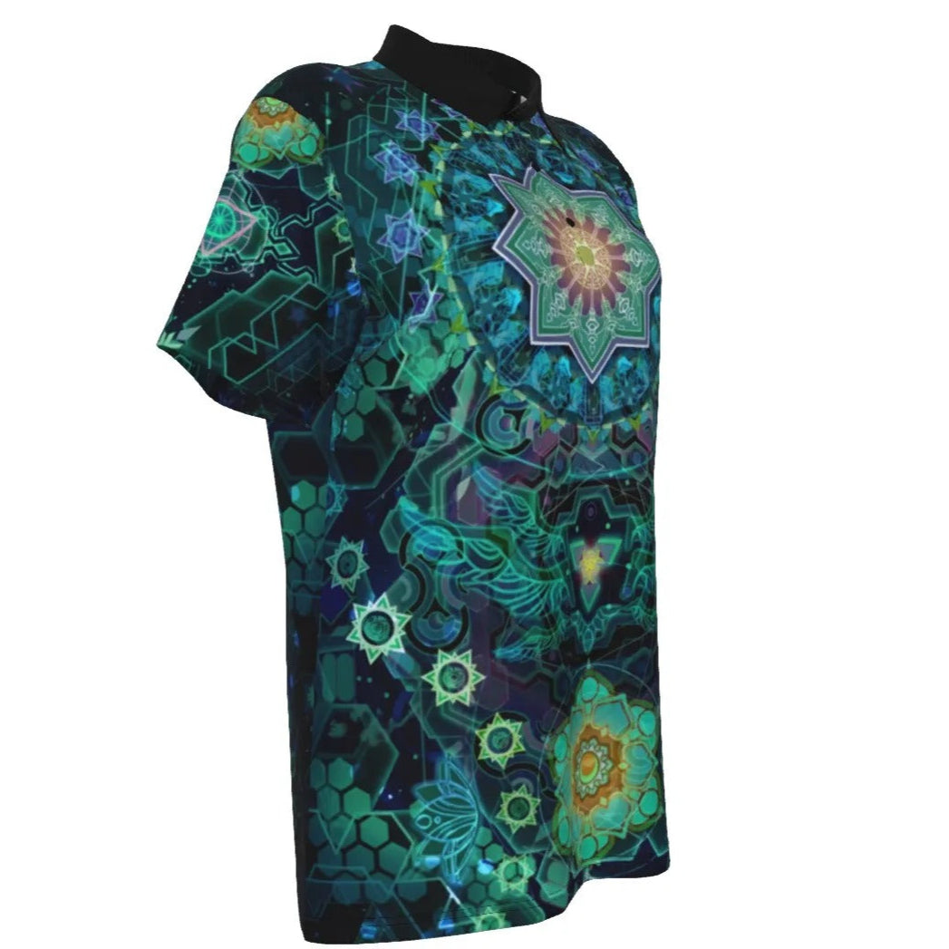 Women’s Yantric Geometry Polo Shirt, Sacred Mandala Energy Top with Spiritual Symbols & Meditation, Inspired Art Design