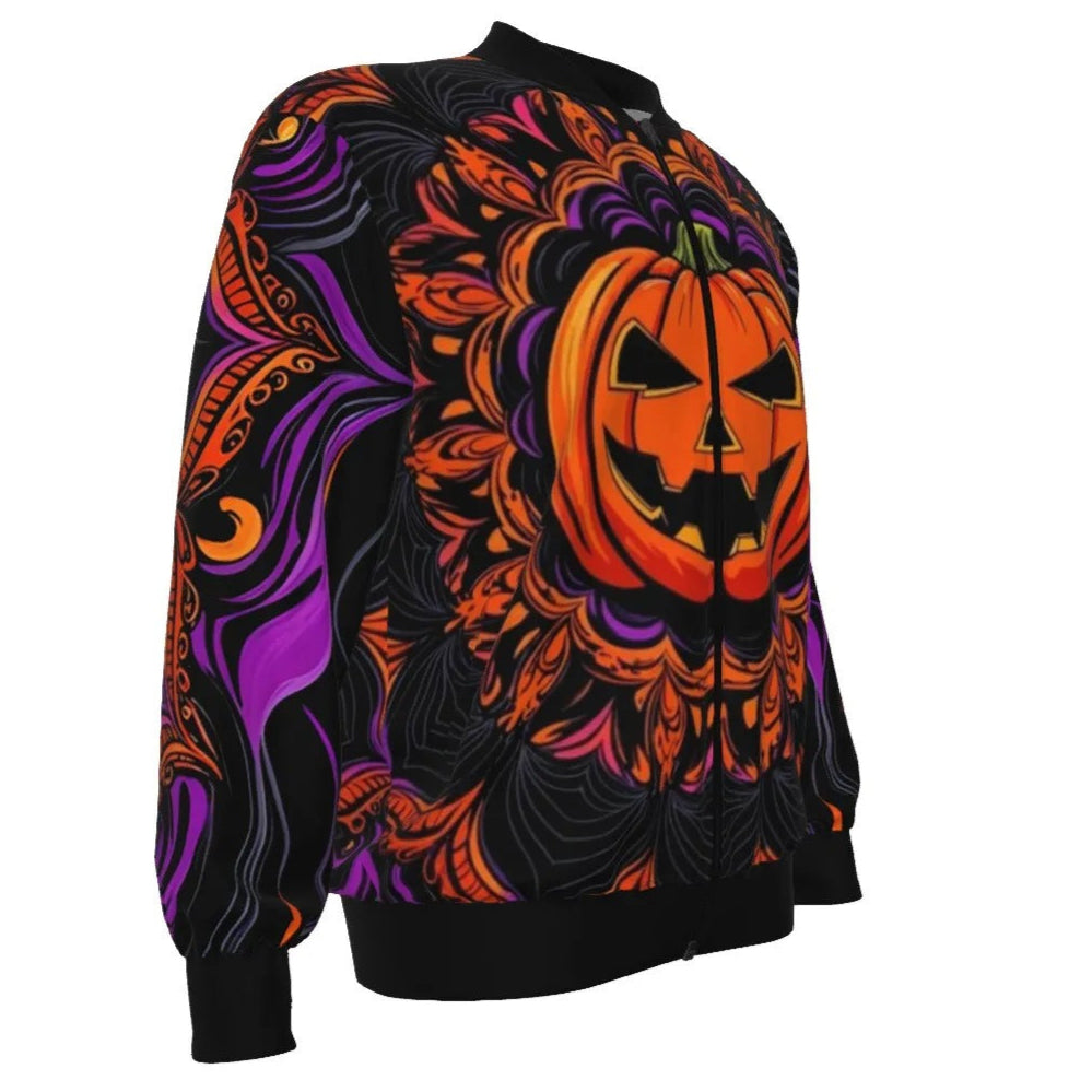 Pumpkin Mandala Magic Bomber Jacket, Halloween Costume Ideas, Halloween Jack-o’-Lantern Gothic Trench Coat, Spooky Mandala Art Streetwear, Fall Fashion
