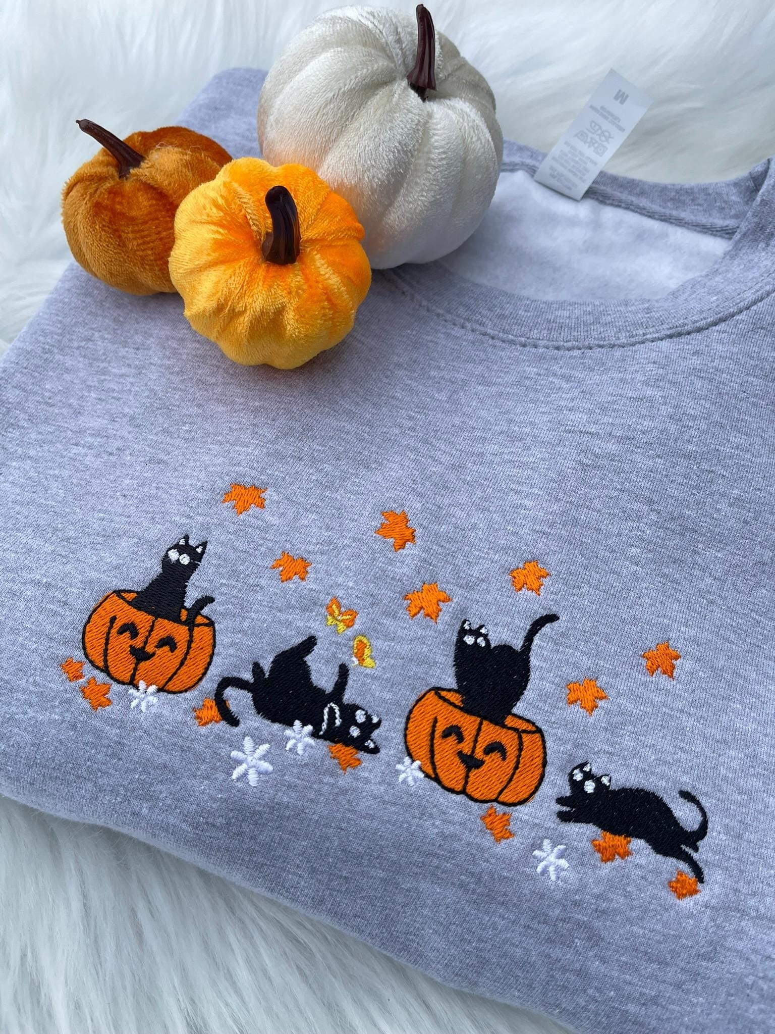 Halloween Black Cat Embroidery Sweatshirt, Pumpkin Fall Sweater, Halloween Crewneck, Cute Autumn Spooky Season, Halloween Gifts, Cat Lover Gift EBAC12