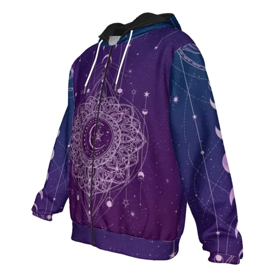 Mystic Lunar Mandala Zip Hoodie, Moon Phase Spiritual Jacket, Celestial Lotus Hooded Sweatshirt, Sacred Geometry Cosmic Zip-Up, Boho Mystic Style