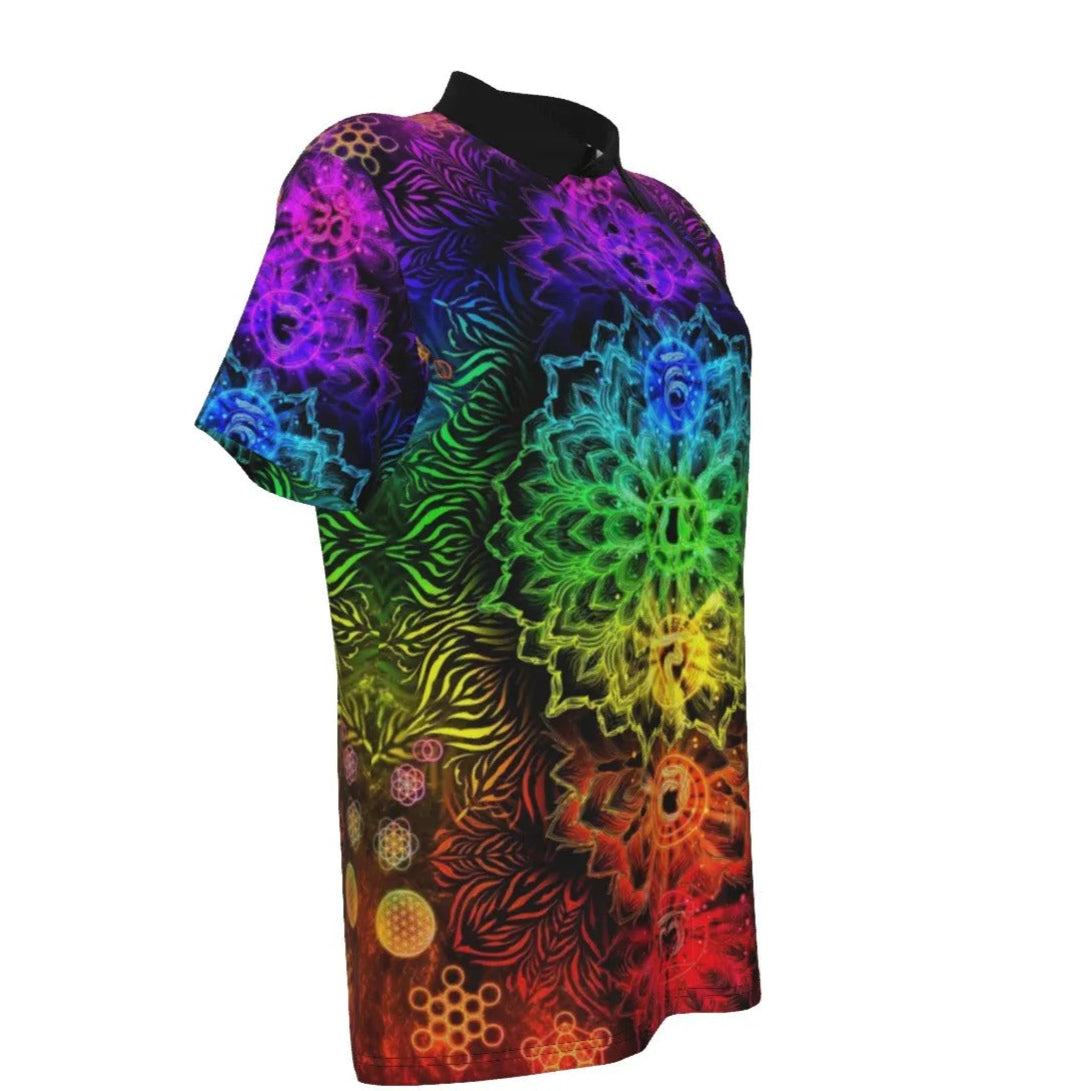 Women’s Sacred Chakras Polo Shirt, Rainbow Energy Design with Spiritual Symbols for Healing, Yoga & Meditation Style