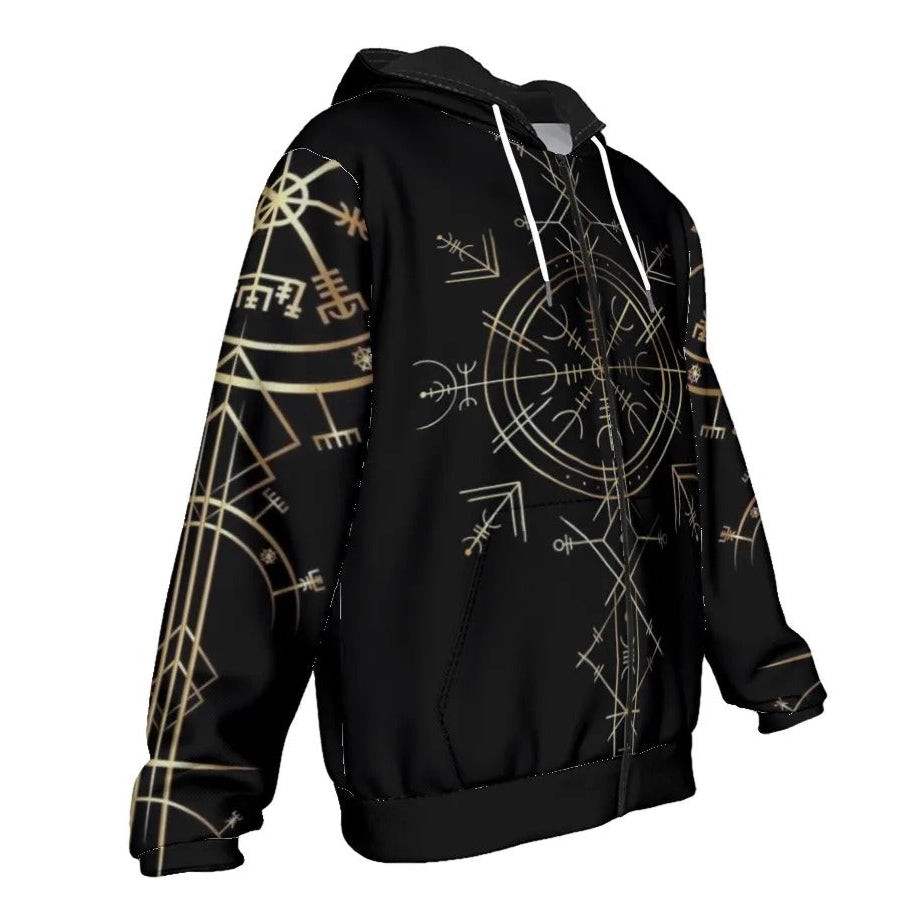 Viking Vegvisir Mysticism Zip Hoodie, Norse Rune Viking Jacket, Nordic Compass Hooded Top, Viking Sacred Geometry Apparel