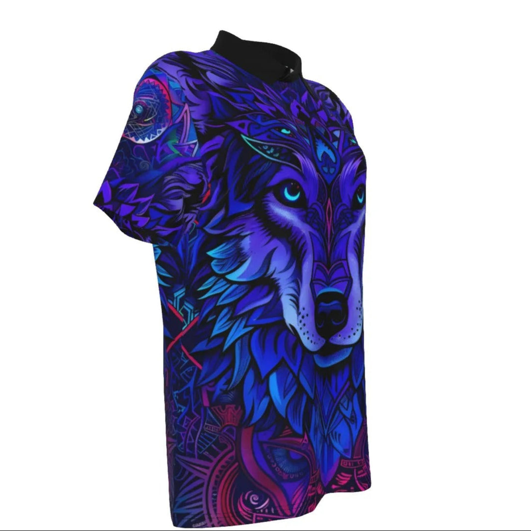 Women’s Wolf Mandala Polo Shirt, Tribal Spirit Animal Top with Blue Violet Geometric Design for Bold & Mystical Souls