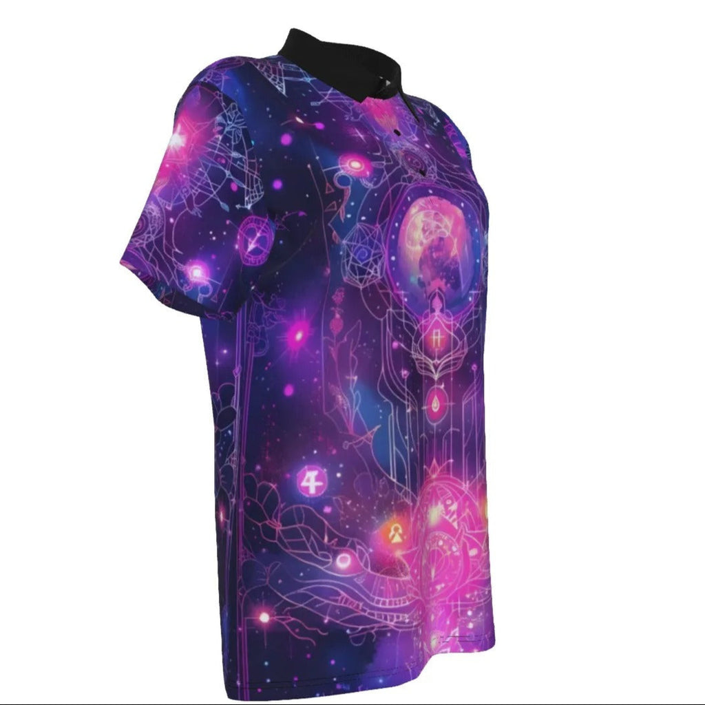 Women’s Cosmic Mandala Polo Shirt, Spiritual Galaxy Pattern with Sacred Geometry, Mystical Energy Symbols & Planet Art