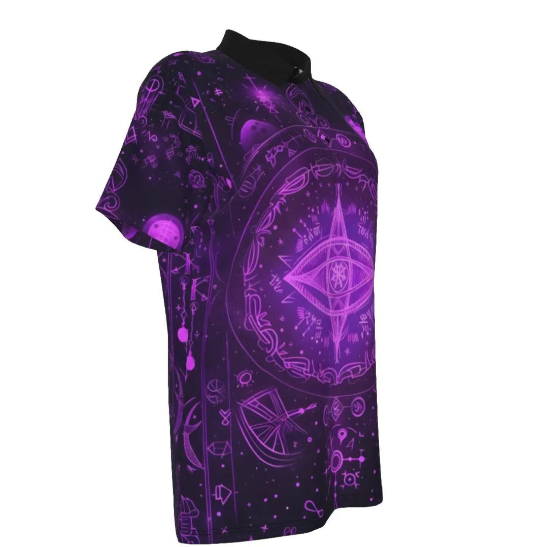Women’s Mystical Fantasy Polo Shirt, Purple Enchanted Sigil Top with Magic Symbols & Fantasy Witchcore Aesthetic