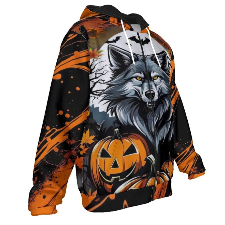 Howling Halloween Night Wolf Zip Hoodie, Spooky Pumpkin Bat Jacket, Gothic Halloween Outerwear, Autumn Wolf Fashion