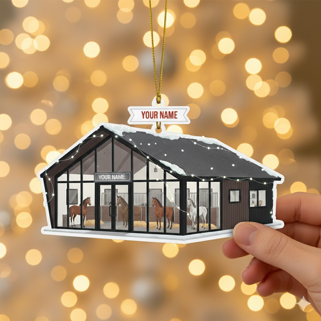 Personalized Horse Stable Ornament, Custom Name Flat 2D Christmas Decoration, Gift for Horse Lovers & Riders