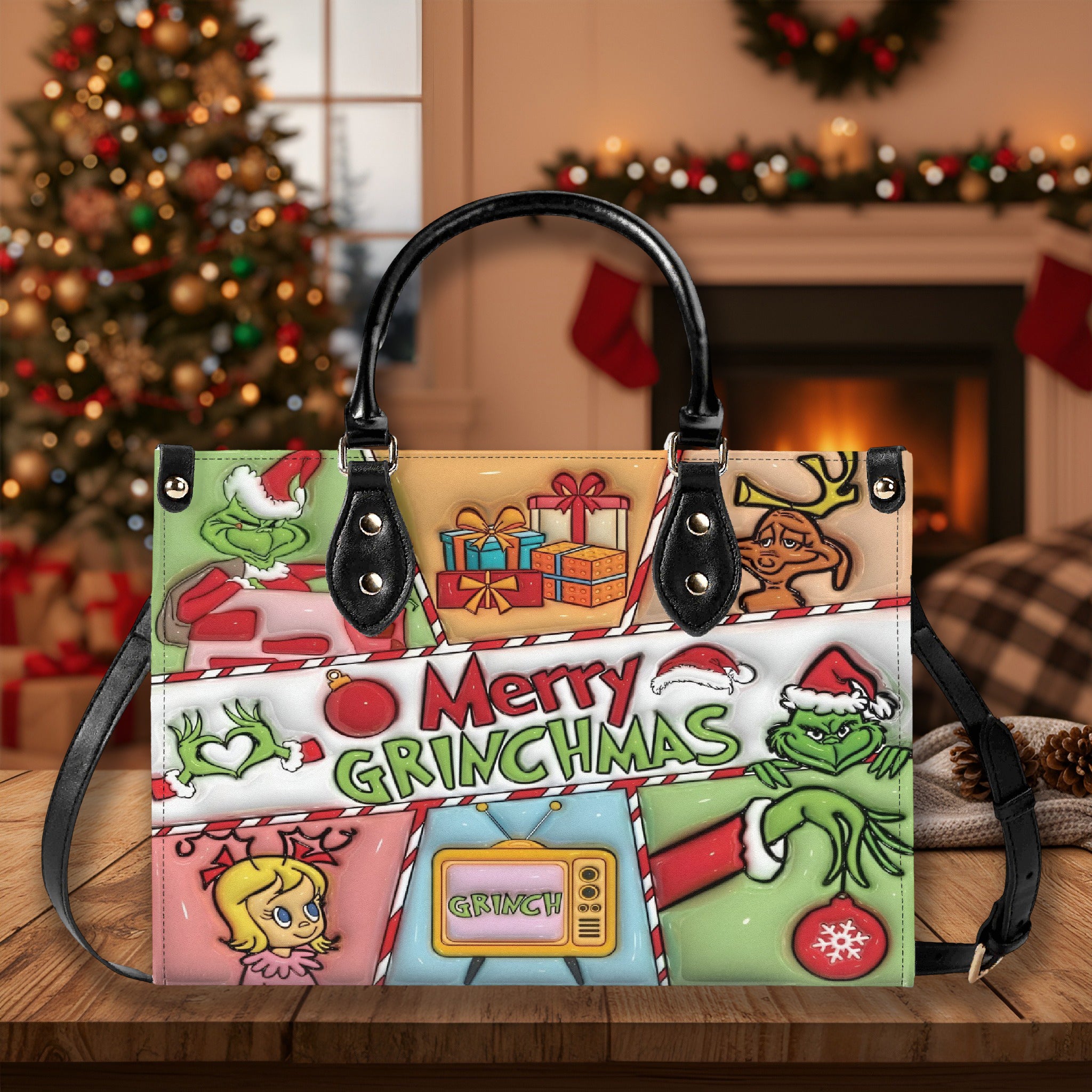 Merry Christmas Cartoon Handbag, Festive Holiday Tote Bag, Colorful Xmas Purse, Cute Winter Shoulder Bag Gift