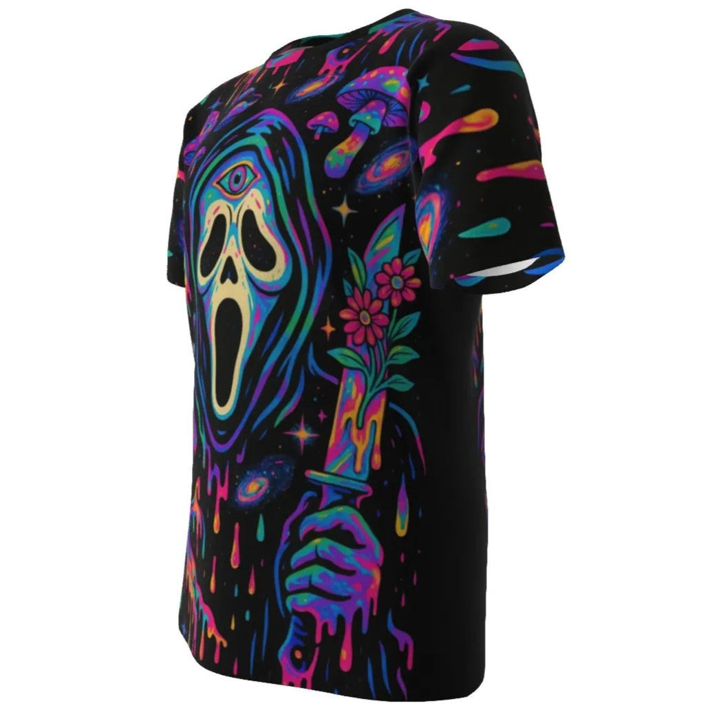 Psychedelic Halloween Mushrooms Custom T Shirts, Halloween Costume Ideas, Trippy Neon Mushroom Tee, Horror Halloween Shirt, Ghostface Scream Art Top, Spooky Festival Apparel