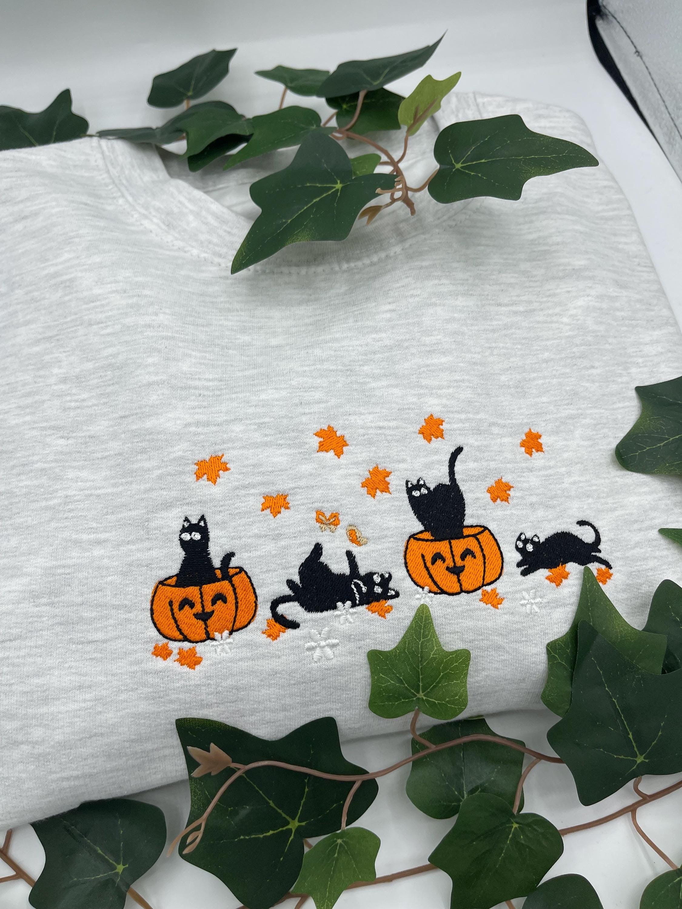Halloween Black Cat Embroidery Sweatshirt, Pumpkin Fall Sweater, Halloween Crewneck, Cute Autumn Spooky Season, Halloween Gifts, Cat Lover Gift EBAC12