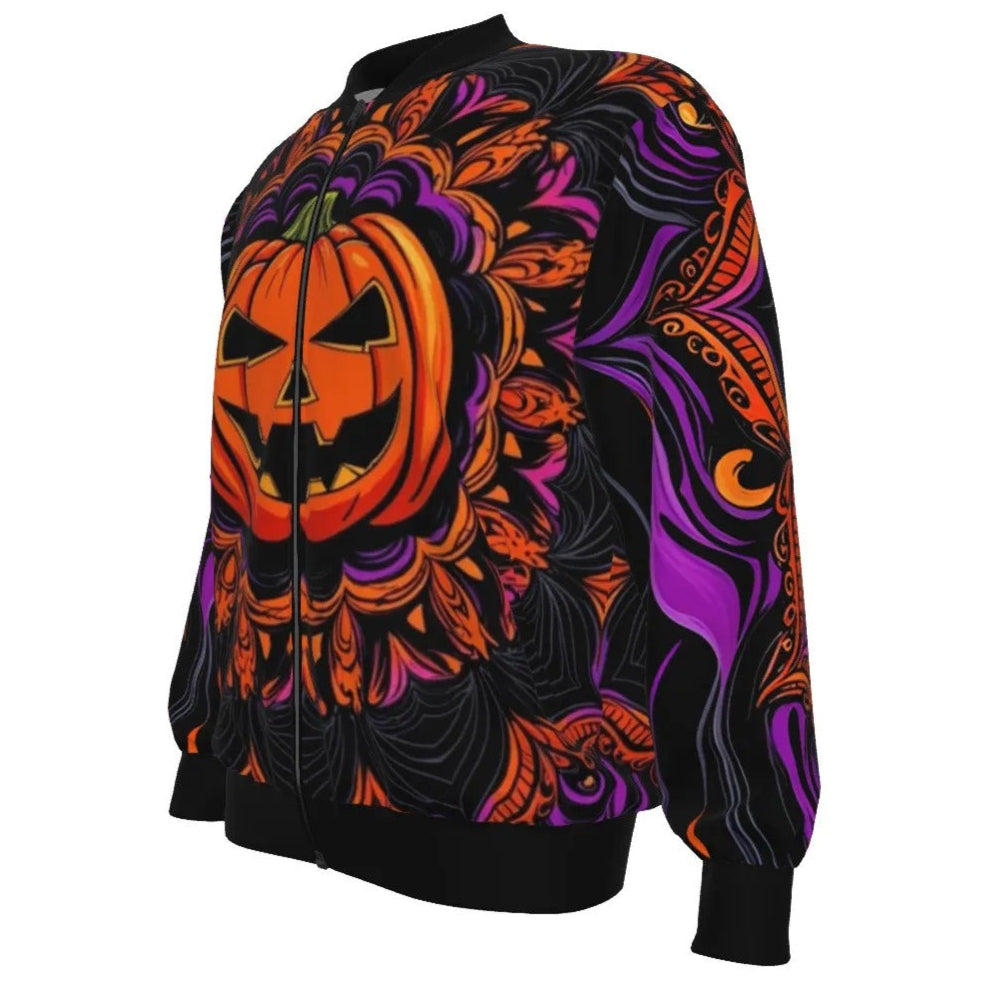 Pumpkin Mandala Magic Bomber Jacket, Halloween Costume Ideas, Halloween Jack-o’-Lantern Gothic Trench Coat, Spooky Mandala Art Streetwear, Fall Fashion