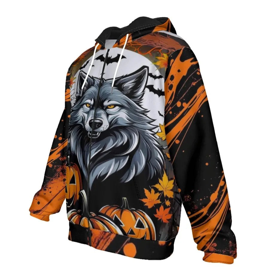 Howling Halloween Night Wolf Zip Hoodie, Spooky Pumpkin Bat Jacket, Gothic Halloween Outerwear, Autumn Wolf Fashion