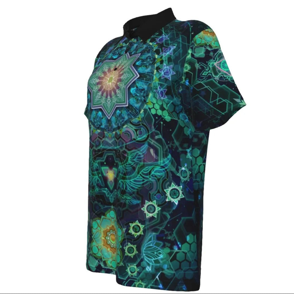 Women’s Yantric Geometry Polo Shirt, Sacred Mandala Energy Top with Spiritual Symbols & Meditation, Inspired Art Design
