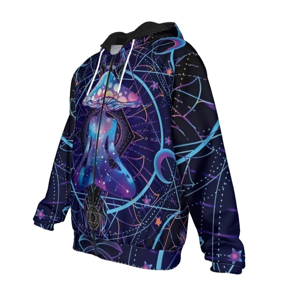 Mystic Mushroom Awakening Zip Hoodie, Psychedelic Spiritual Jacket, Cosmic Mushroom Hooded Sweatshirt, Visionary Art Festival Wear, Boho Mystic Style