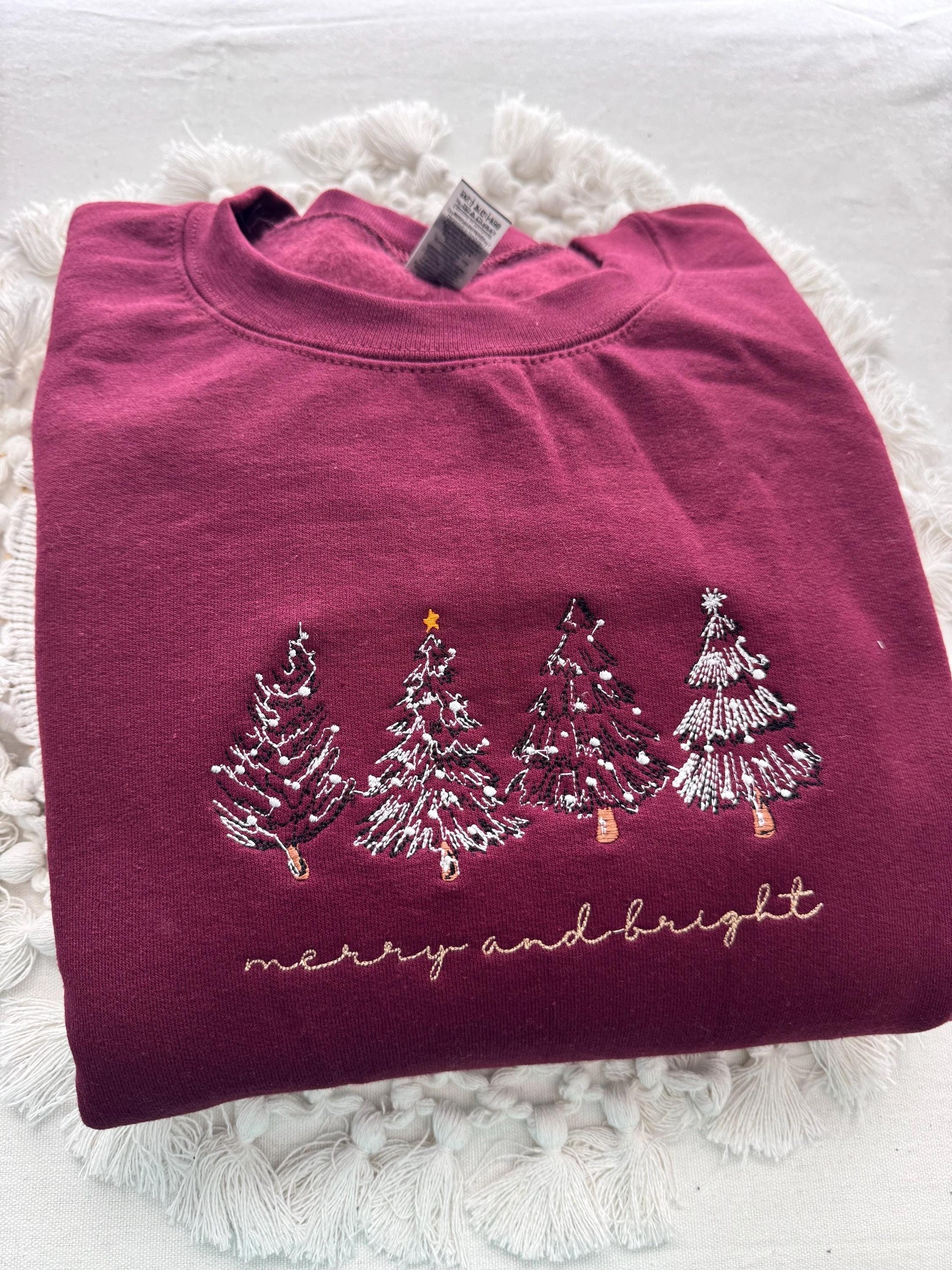 Merry and Bright Embroidered Sweatshirt, Minimal Christmas Tree Sweater, Cozy Holiday Crewneck, Winter Outfit, Xmas Gift EBAC59