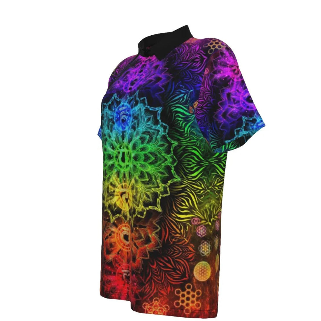Women’s Sacred Chakras Polo Shirt, Rainbow Energy Design with Spiritual Symbols for Healing, Yoga & Meditation Style