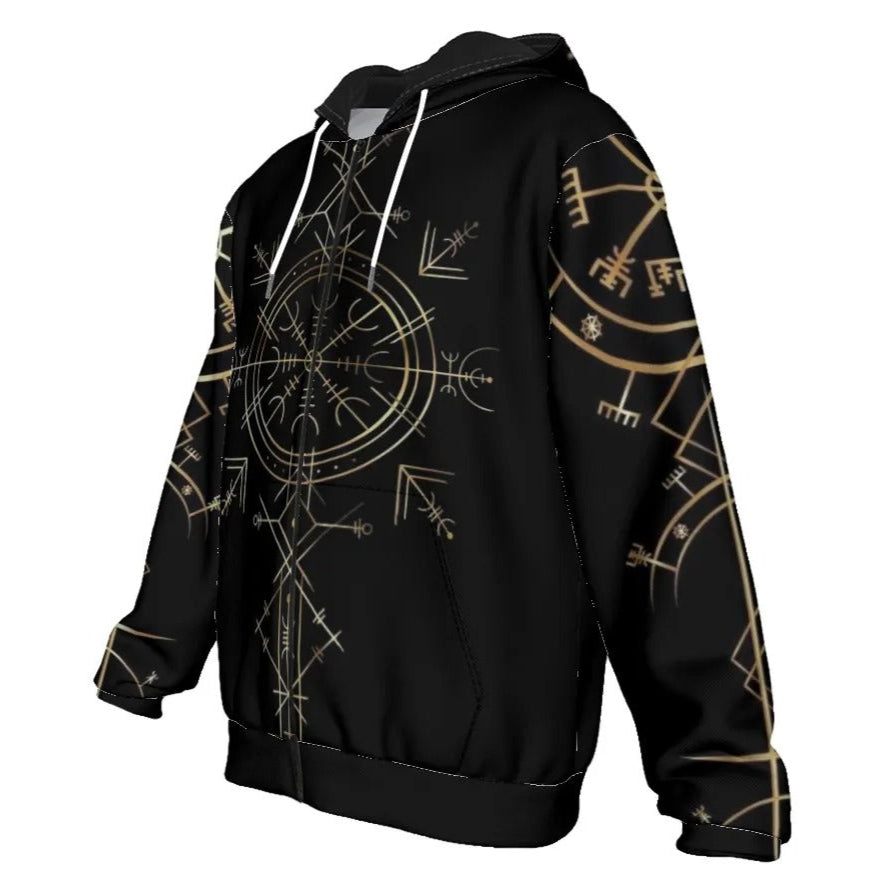 Viking Vegvisir Mysticism Zip Hoodie, Norse Rune Viking Jacket, Nordic Compass Hooded Top, Viking Sacred Geometry Apparel