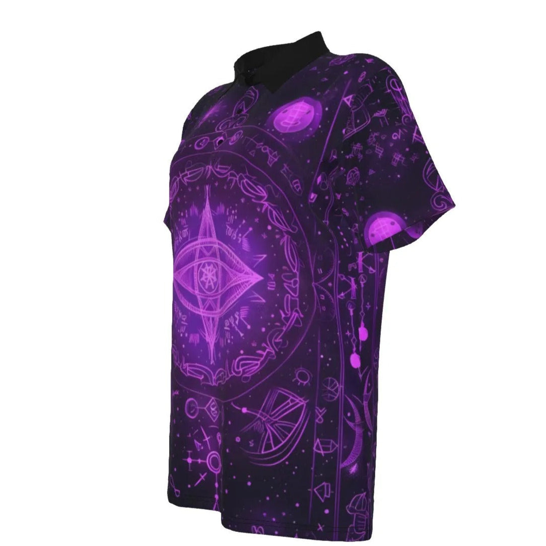 Women’s Mystical Fantasy Polo Shirt, Purple Enchanted Sigil Top with Magic Symbols & Fantasy Witchcore Aesthetic