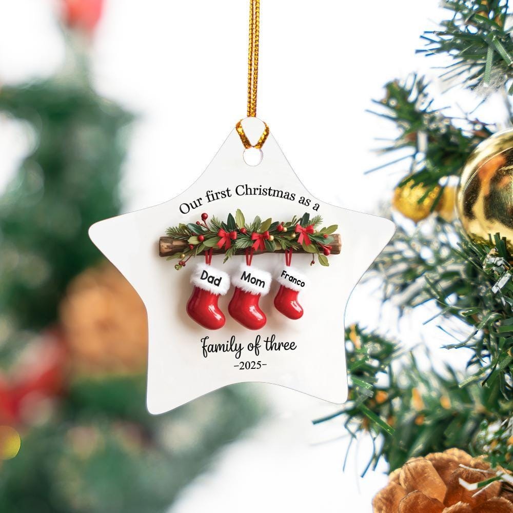 Personalized Family of Three Ceramic Christmas Ornament 2025, Custom New Family Ornament, Baby's First Christmas Ornament