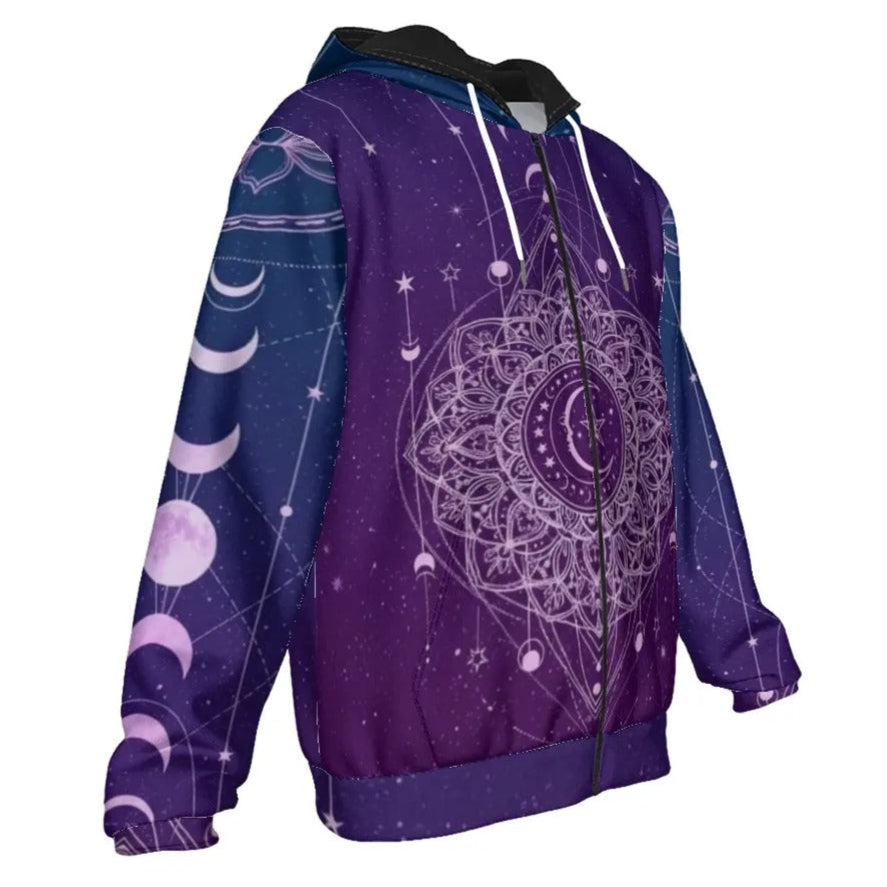 Mystic Lunar Mandala Zip Hoodie, Moon Phase Spiritual Jacket, Celestial Lotus Hooded Sweatshirt, Sacred Geometry Cosmic Zip-Up, Boho Mystic Style