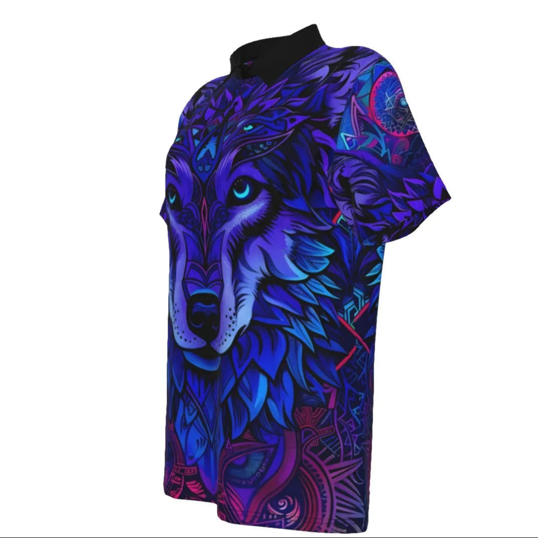 Women’s Wolf Mandala Polo Shirt, Tribal Spirit Animal Top with Blue Violet Geometric Design for Bold & Mystical Souls