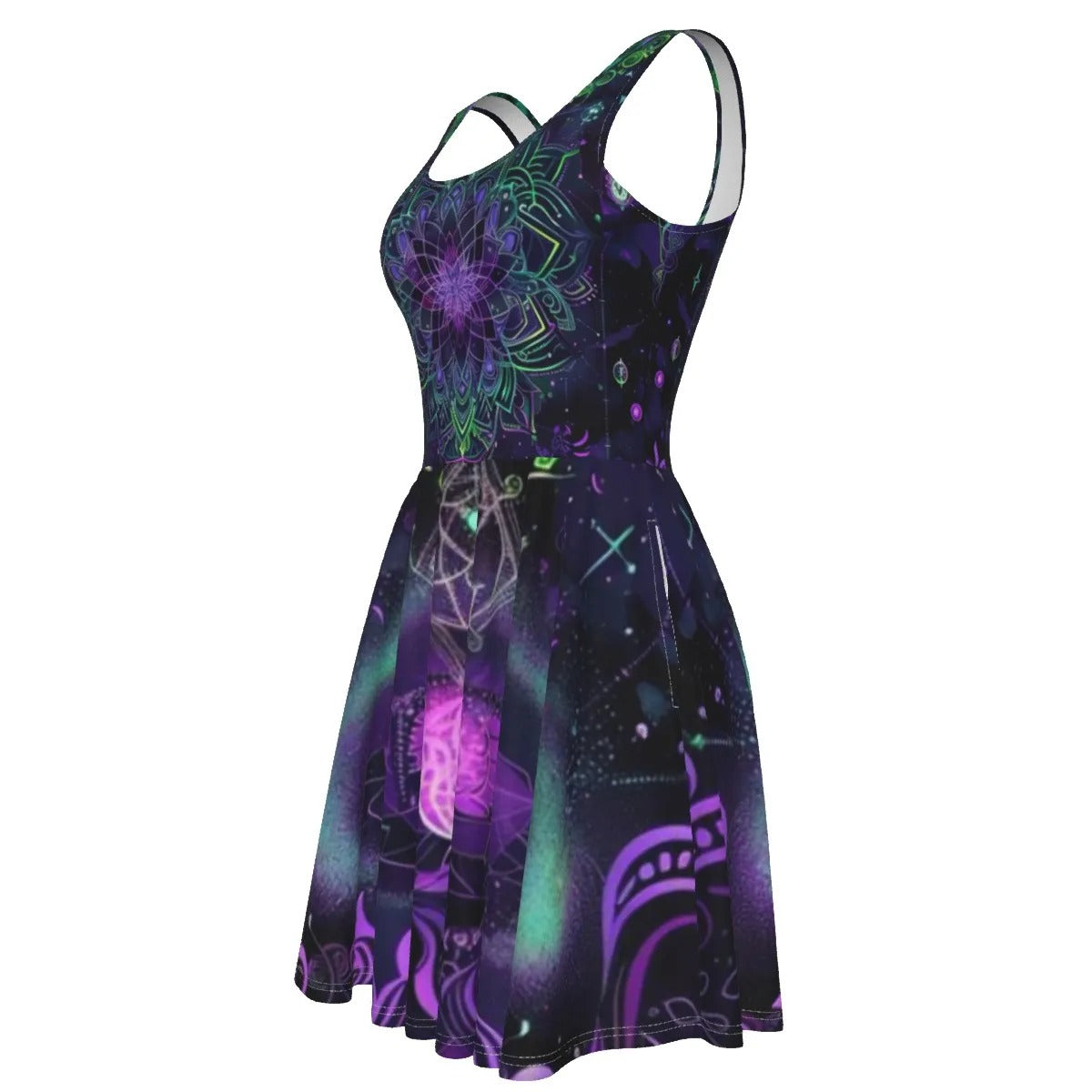 Women’s Mystic Aesthetic Dress, Psychedelic Print, Festival Dress, Boho Style, Vibrant Colors, Sleeveless Dress, Summer Fashion