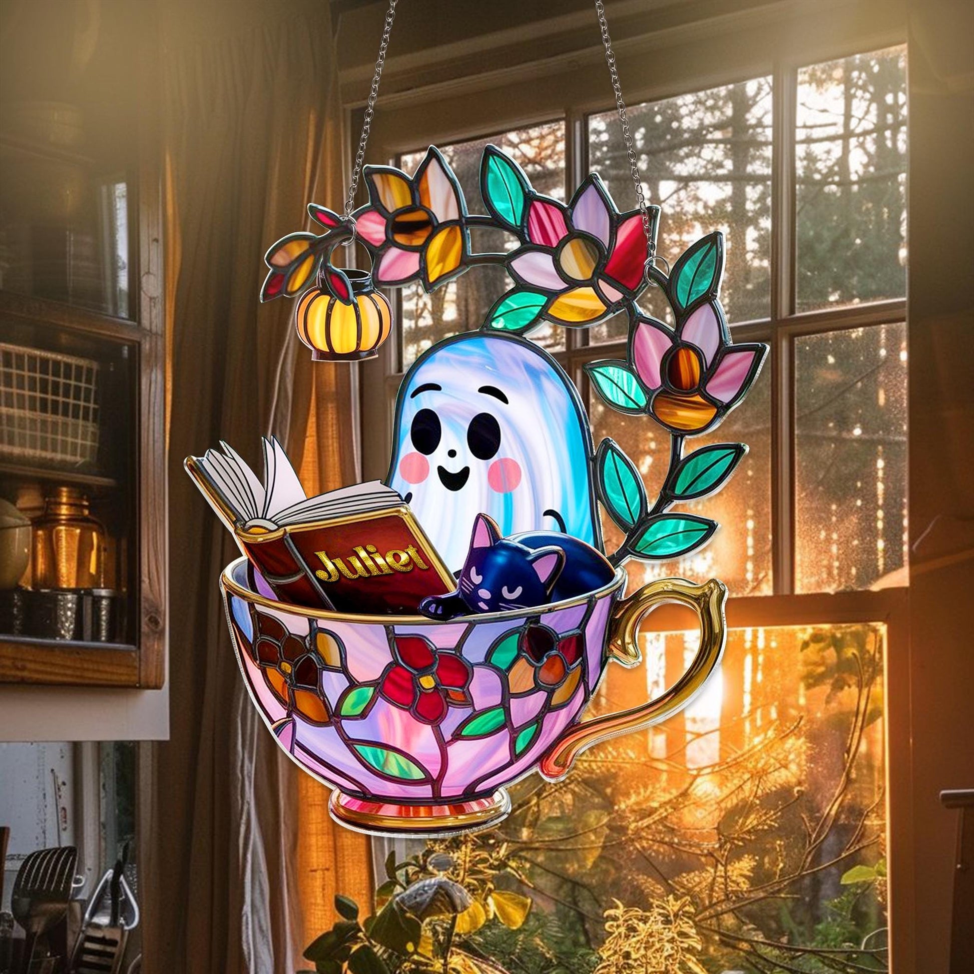Personalized Ghost Reading Book Stained Glass Suncatcher, Reading Ghost in Teacup Faux Stained Glass Suncatcher,Reading Gift,Book Lover Gift