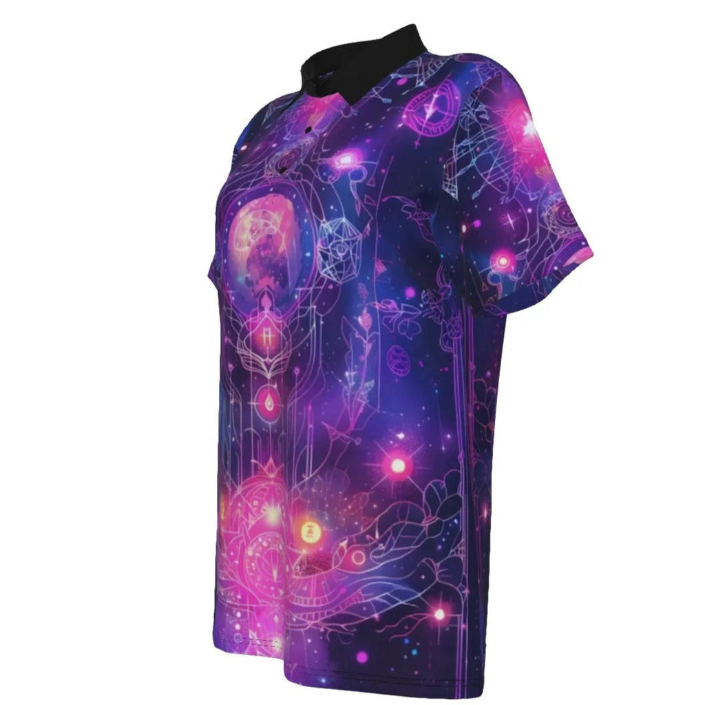 Women’s Cosmic Mandala Polo Shirt, Spiritual Galaxy Pattern with Sacred Geometry, Mystical Energy Symbols & Planet Art