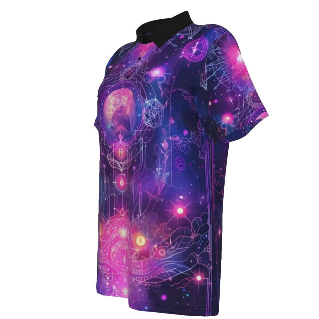 Women’s Cosmic Mandala Polo Shirt, Spiritual Galaxy Pattern with Sacred Geometry, Mystical Energy Symbols & Planet Art