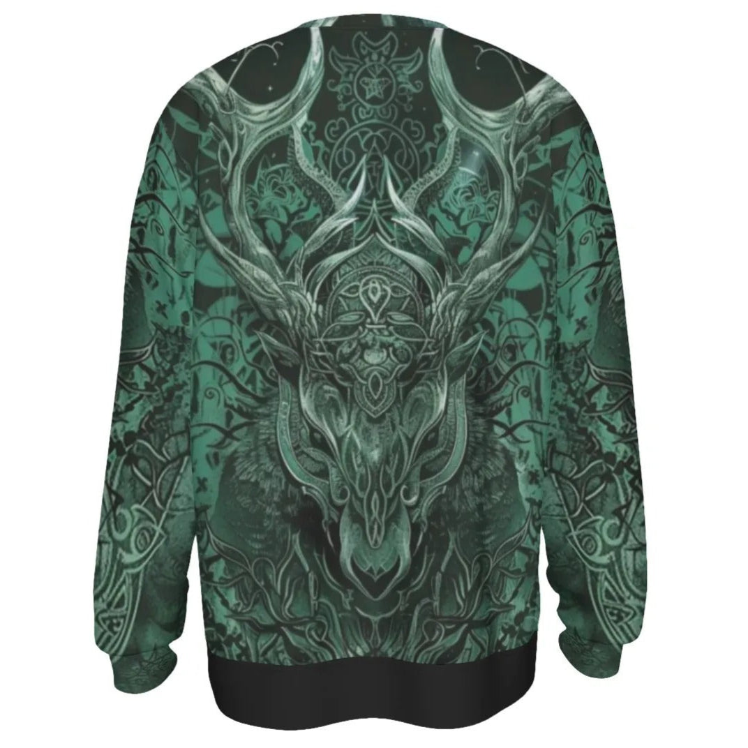 Viking Sweatshirt with Antler Design For Men – Norse Mythology Inspired Crewneck, Tribal Graphic Winter Wear, Medieval Fantasy Clothing