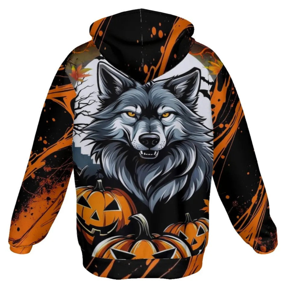 Howling Halloween Night Wolf Zip Hoodie, Spooky Pumpkin Bat Jacket, Gothic Halloween Outerwear, Autumn Wolf Fashion
