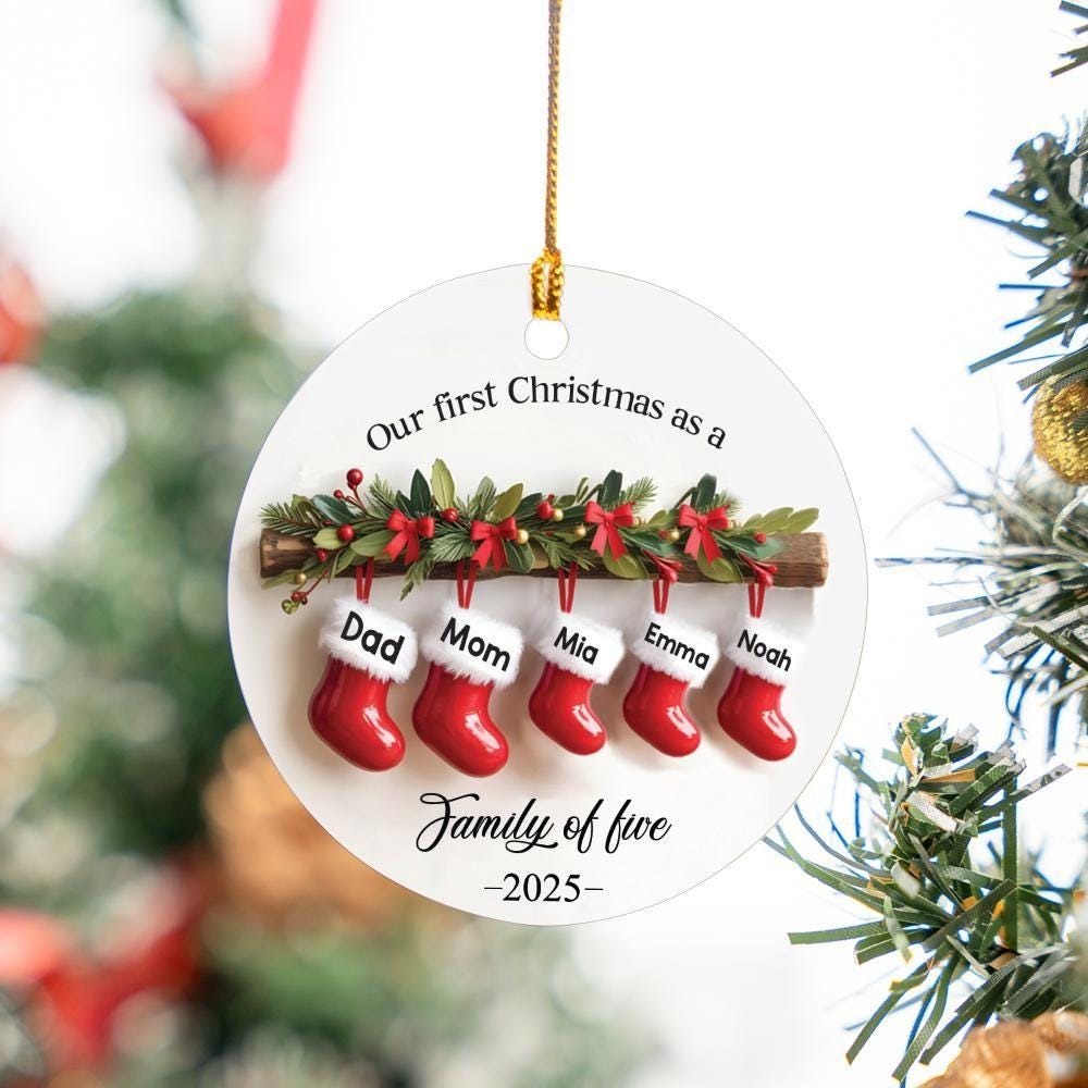 Personalized Family of Three Ceramic Christmas Ornament 2025, Custom New Family Ornament, Baby's First Christmas Ornament