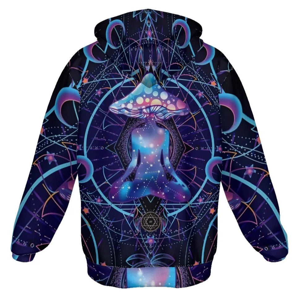 Mystic Mushroom Awakening Zip Hoodie, Psychedelic Spiritual Jacket, Cosmic Mushroom Hooded Sweatshirt, Visionary Art Festival Wear, Boho Mystic Style