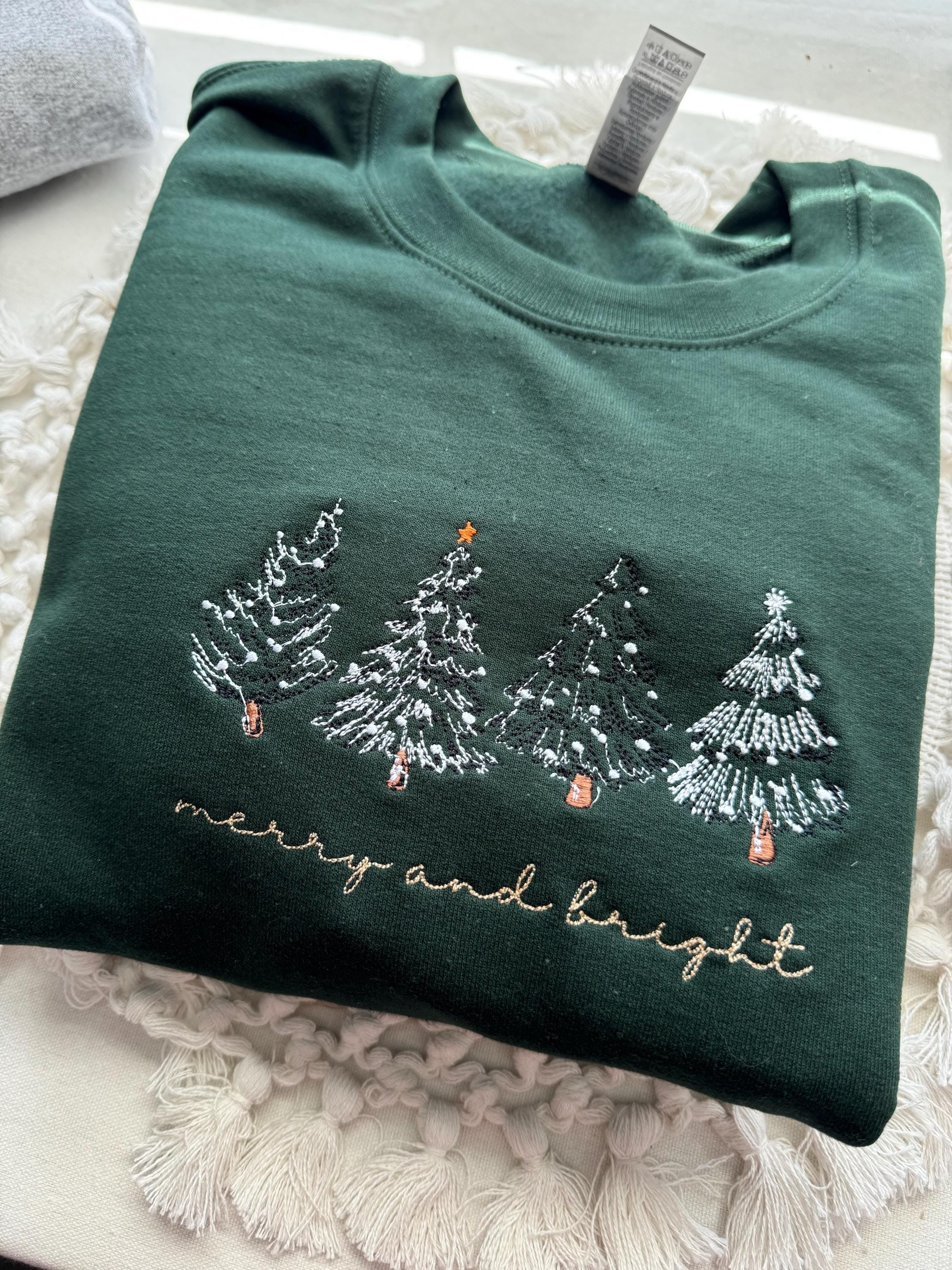 Merry and Bright Embroidered Sweatshirt, Minimal Christmas Tree Sweater, Cozy Holiday Crewneck, Winter Outfit, Xmas Gift EBAC59